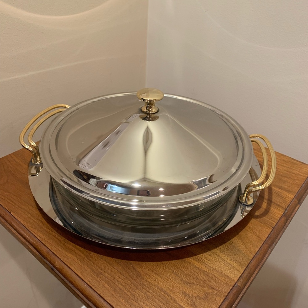 Silver serving dish with glass insert